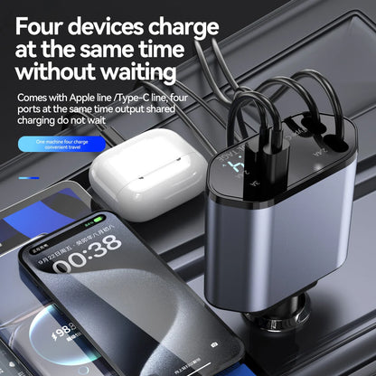 4-in-1 100W Retractable Car Charger | USB-C & Fast Charging Adapter for iPhone & Samsung