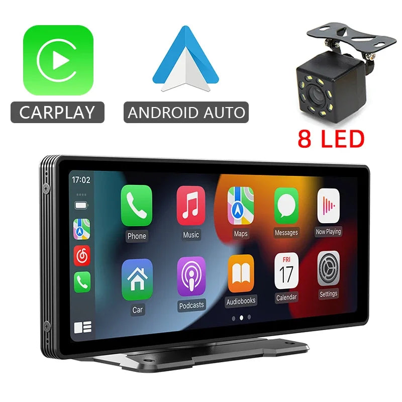 10.26'' Universal Car Mirror Multimedia Player with Wireless CarPlay, Android Auto, Bluetooth, AUX, USB & 8-LED Backup Camera