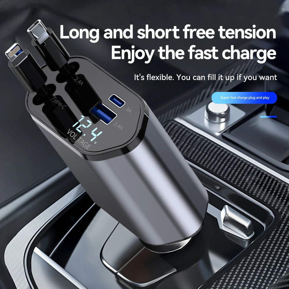 4-in-1 100W Retractable Car Charger | USB-C & Fast Charging Adapter for iPhone & Samsung