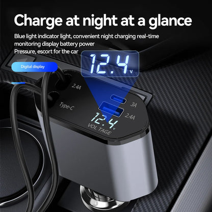 4-in-1 100W Retractable Car Charger | USB-C & Fast Charging Adapter for iPhone & Samsung